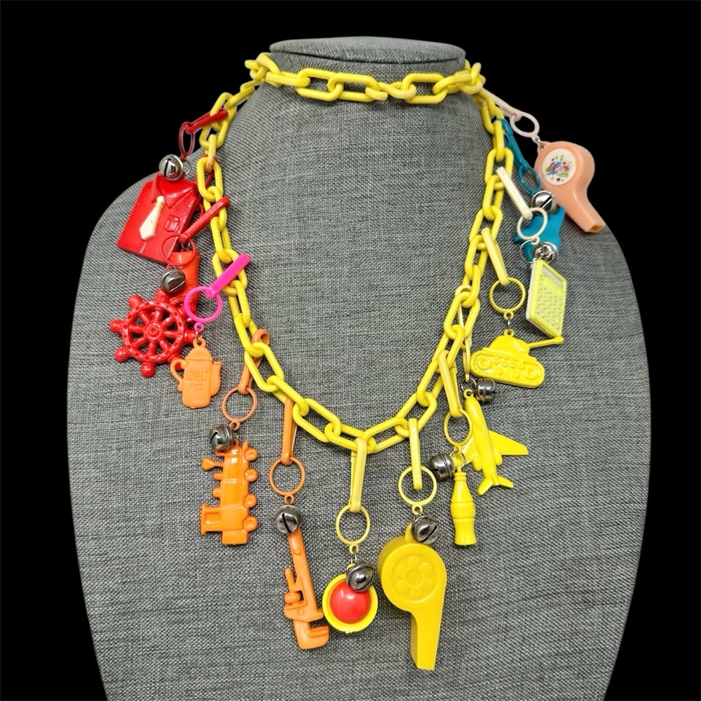 Vintage 80s Chunky Plastic Bell Charm Necklace